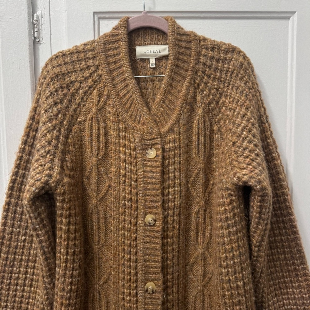 THE GREAT The Long Cable Cardigan in Caramel - Picture 3 of 11